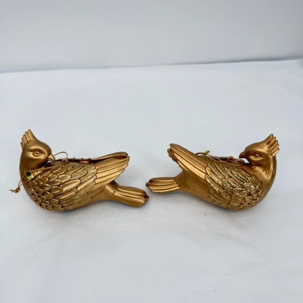 Gold Glitter Hanging Bird Christmas Ornaments Mount Set of 2 Holiday Decor